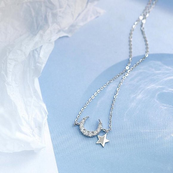 *NEW Diamond Moon Star Sterling Silver Necklace - Picture 7 of 9